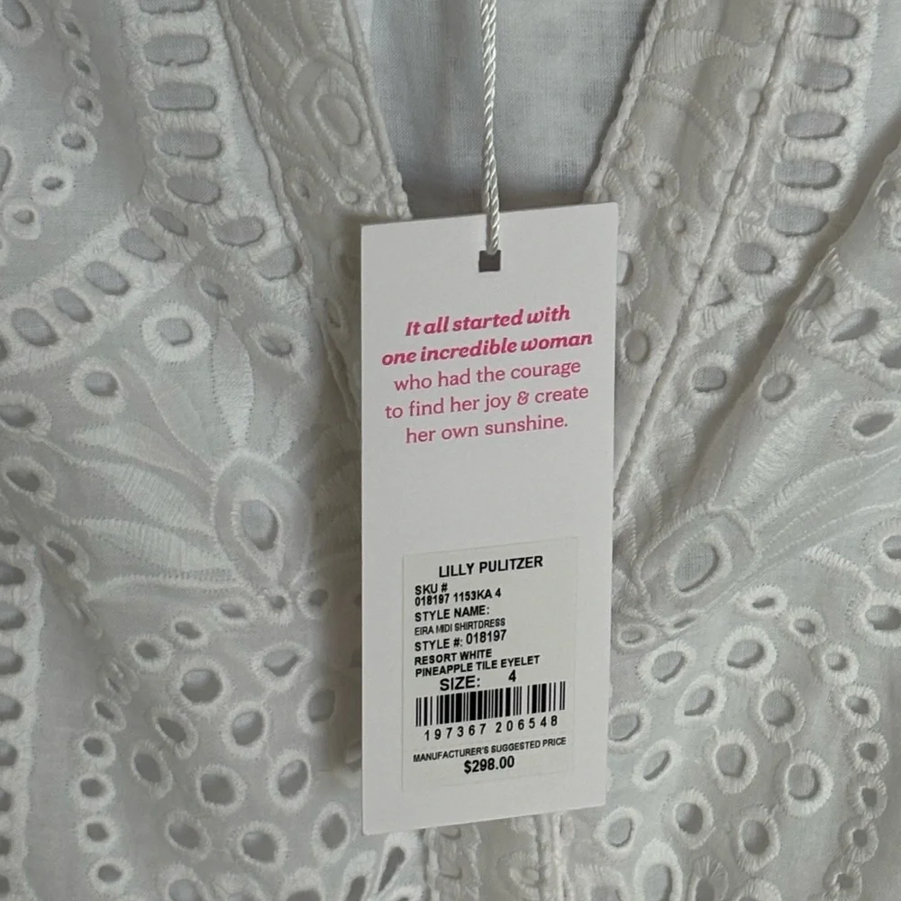 NWT Lilly Pulitzer White Eyelet Midi Shirt Dress Belted Long Sleeve SZ 4 - Picture 8 of 8